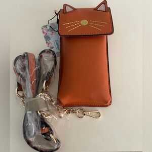 NWT BRENTANO Tan Vegan Saffiano Leather Cat Crossbody Cellphone Bag